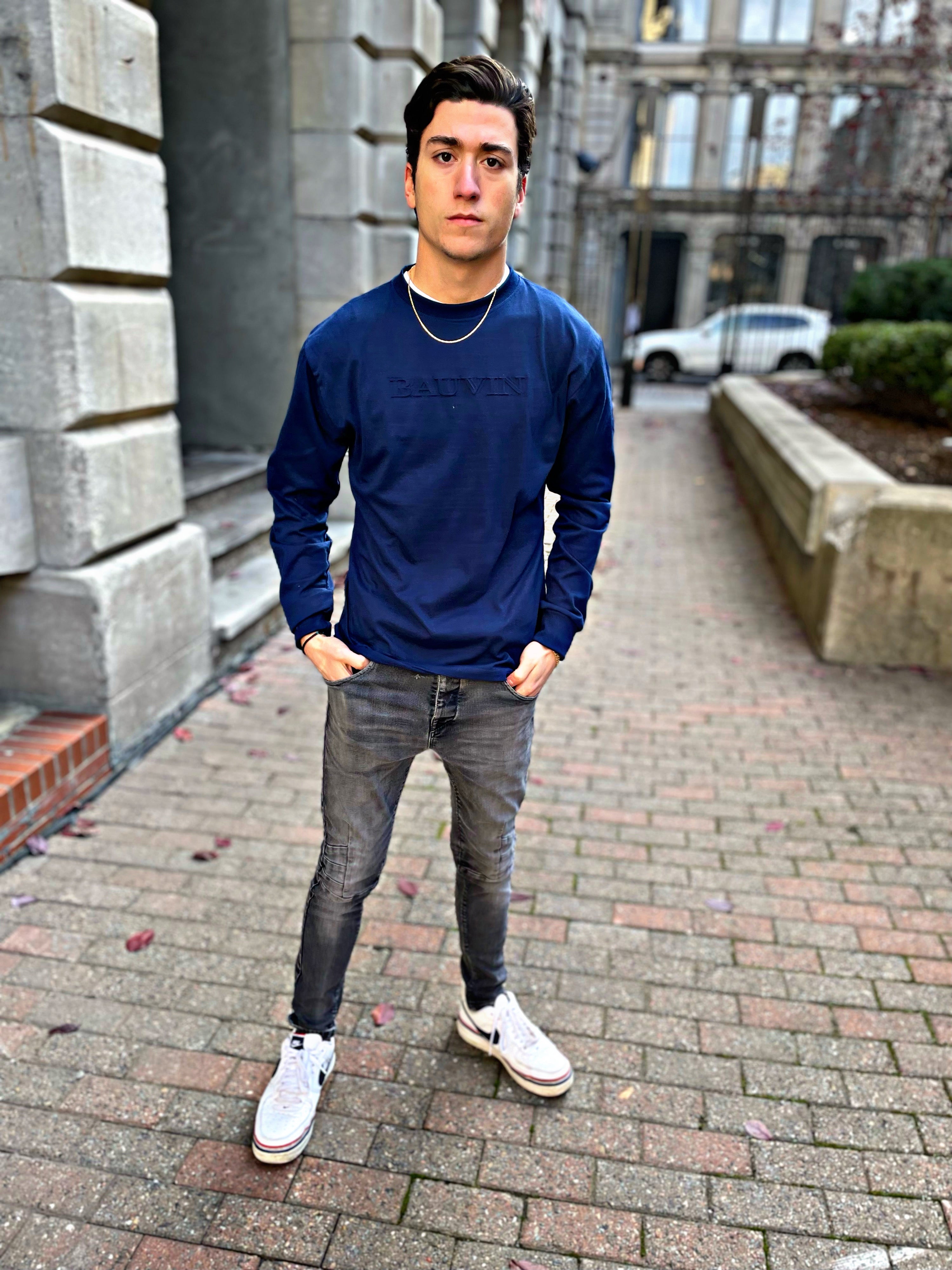 Navy Embossed Long-Sleeve T-Shirt