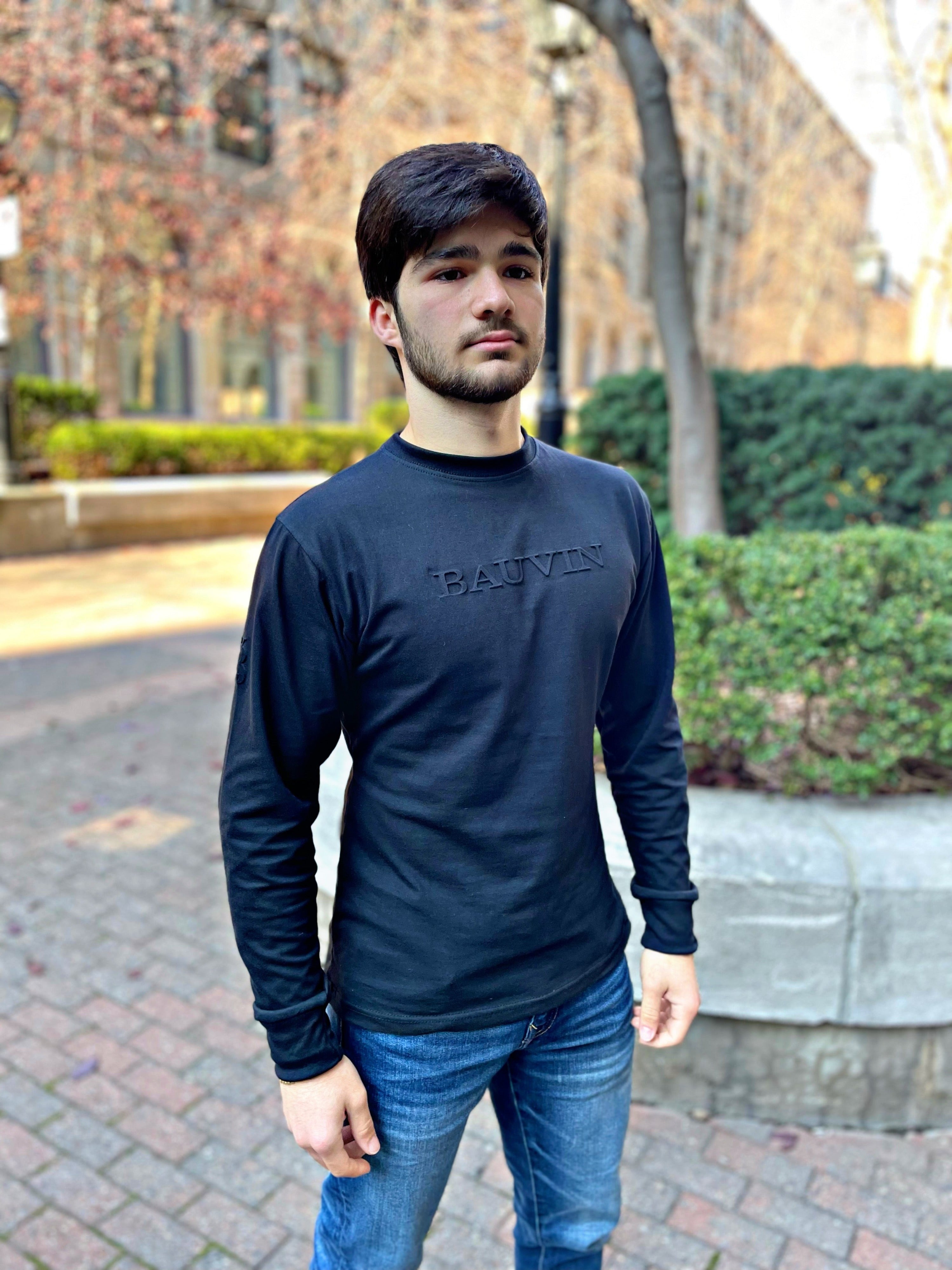 Black Embossed Long-Sleeve T-Shirt