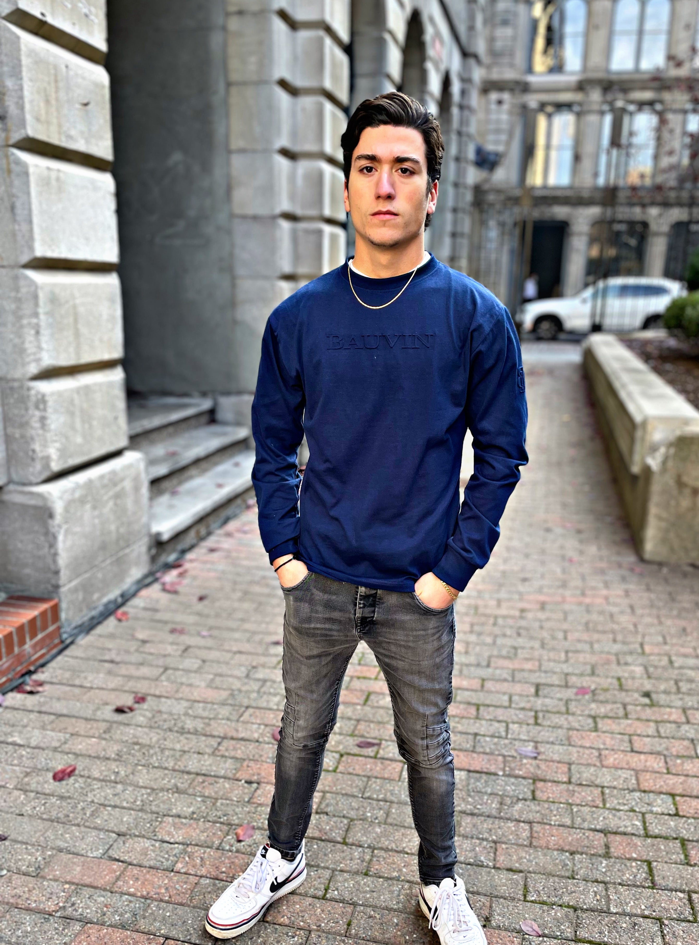 Navy Embossed Long-Sleeve T-Shirt